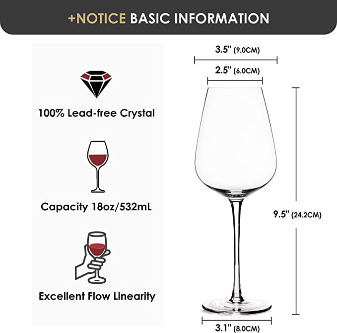 Burgundy-style Red Wine Glass ROVSYA Set of 4, Hand Blown Crystal
